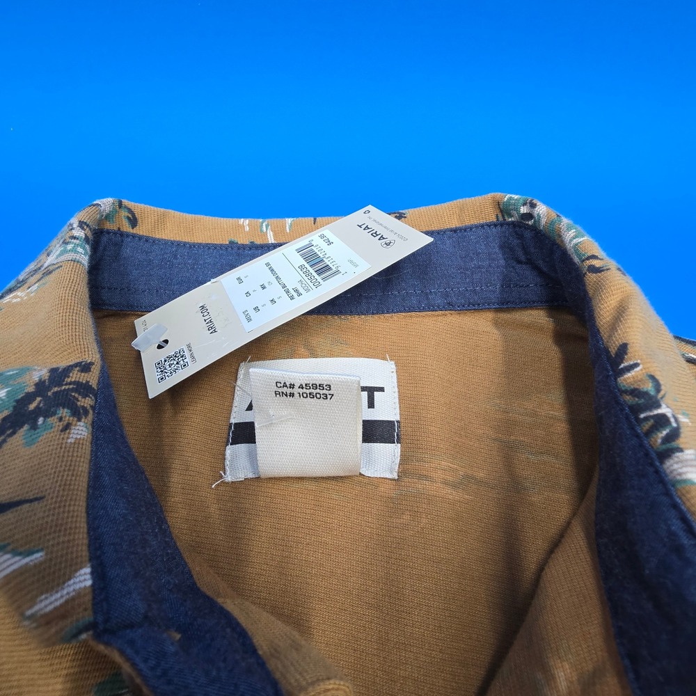 Ariat Mens Retro Button Down Shirt S Modern Slim SS Mocha Tropical Palm Tree NWT - Picture 6 of 11